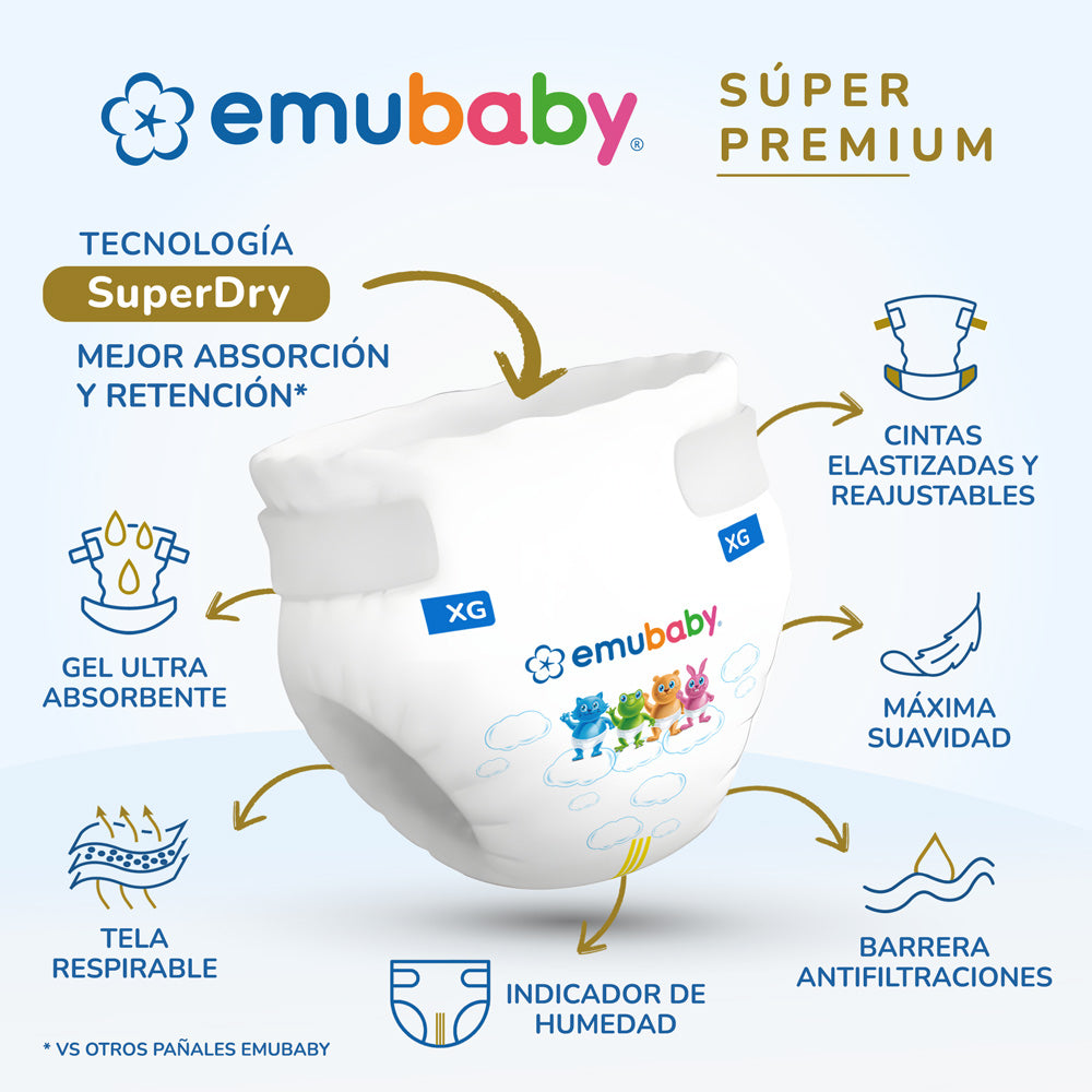 Pack Promocional Pañales Emubaby 102 pañales Talla XXG + 10 Paquetes de Toallitas Humedas Emubaby Water 55 unid